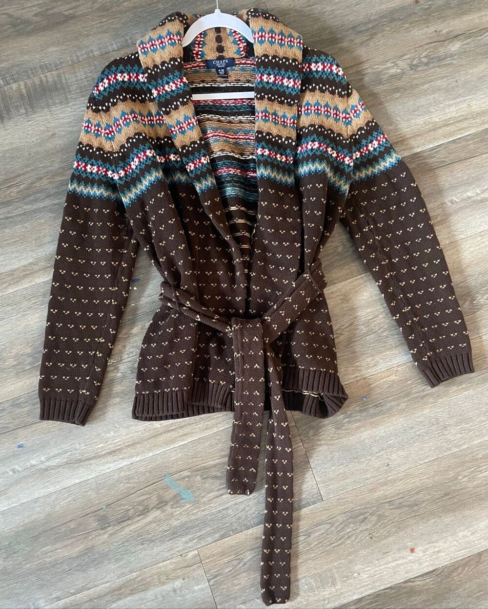 Chaps Ralph Lauren vintage knit cardigan w draped shawl collar and matching tie